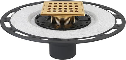 4-Inch Square Shower Drain Kit with Bonding Flange, Polished Gold | Removable 304 stainless steel grate with hair strainer; fits 2- and 3-inch pipes for tiled shower floors and wet areas