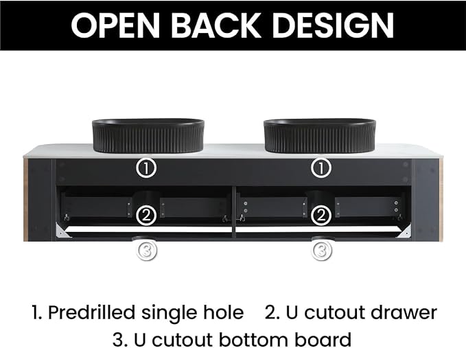 72" Preassembled Double Floating Bathroom Vanity with Black Sink, Oak | Mid-Century Modern Style, Fluted & Soft-Close Drawer with U-shaped Wall, Sinterted Stone Countertop, Towel Rack Included