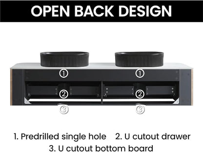 72" Preassembled Double Floating Bathroom Vanity with Black Sink, Oak | Mid-Century Modern Style, Fluted & Soft-Close Drawer with U-shaped Wall, Sinterted Stone Countertop, Towel Rack Included