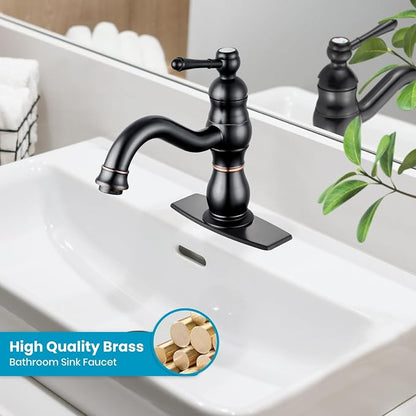 gotonovo Bathroom Faucet 1 Hole Vintage,Oil Rubbed Bronze,7.1” Spout Reach | Bathroom Sink Faucet for 1 or 3 Hole Single Handle,Deck Plate,360° Swivel Spout,Pop Up Drain,cUPC Supply Hoses,for Vanity RV