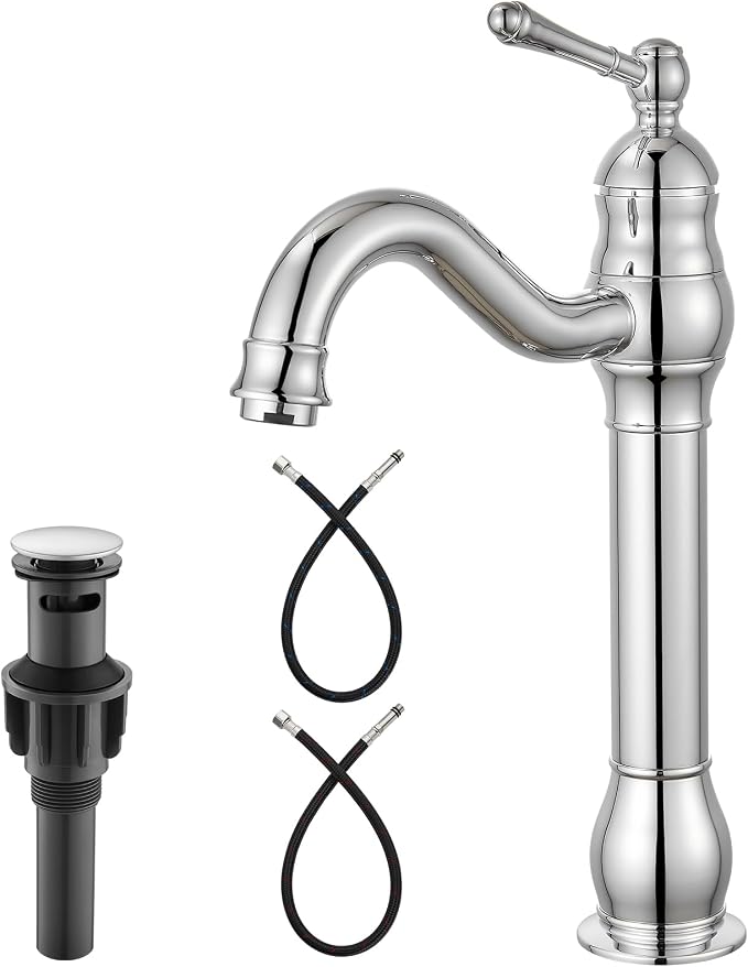 Heyalan Tall Vessel Sink Faucet, Single Handle 1-Hole,Polish Chrome | SUS304 stainless steel, 360° swivel spout, includes pop-up drain & hoses, deck mount 1-hole, tall design for vessel sink