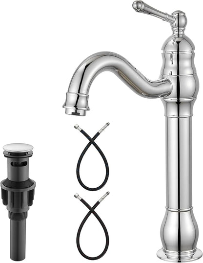 Heyalan Tall Vessel Sink Faucet, Single Handle 1-Hole,Polish Chrome | SUS304 stainless steel, 360° swivel spout, includes pop-up drain & hoses, deck mount 1-hole, tall design for vessel sink