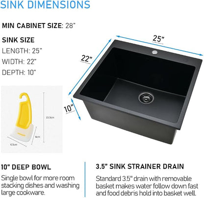 25 Inch Quartz Drop In Kitchen Sink | 25x22 Inch Black Granite Composite Quartz Drop In Utility Outdoor Sink Topmount Single Bowl Kitchen Sink with Rubber Squeegee