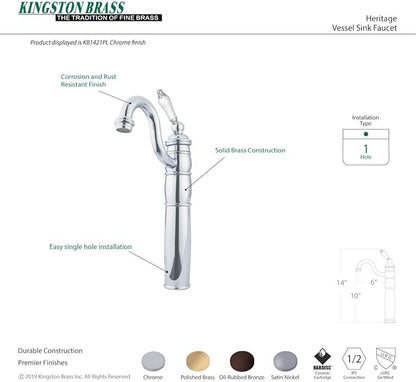 Kingston Brass KB1421PL Heritage Vessel Sink Faucet with Optional Cover Plate, Polished Chrome, 14.31 x 6 x 2.25