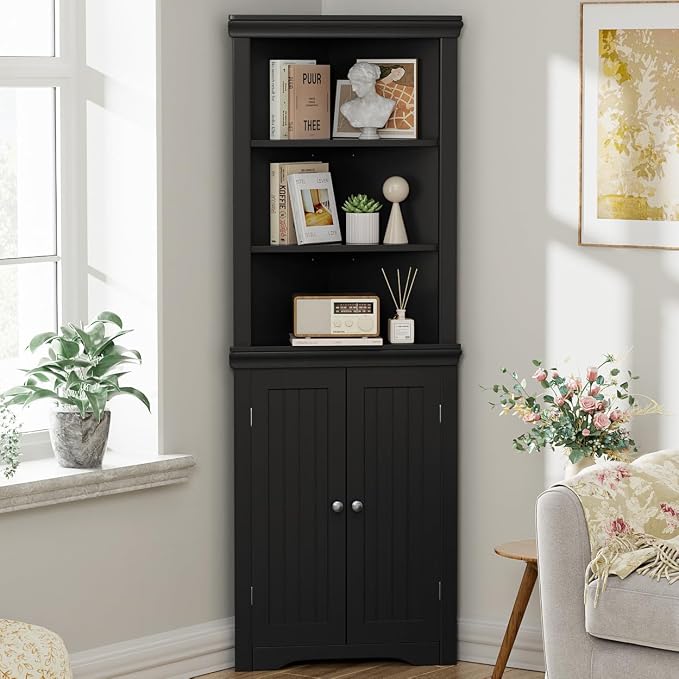YESHOMY Corner Cabinet, Storage Cupboard with Doors, Black | Tall Storage Cabinet with Adjustable Shelves, for Living Room, Bathroom, Kitchen
