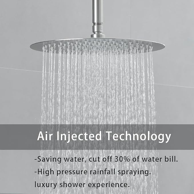 Shower Faucet Set Brushed Nickel 12 Inch Round Ceiling Mount Rainfall Shower System with 2 Rain Shower Head and Handheld Head Push Button Diverter Shower Trim Kit and Rough-in Valve Body