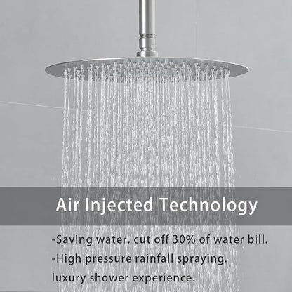 Shower Faucet Set Brushed Nickel 12 Inch Round Ceiling Mount Rainfall Shower System with 2 Rain Shower Head and Handheld Head Push Button Diverter Shower Trim Kit and Rough-in Valve Body