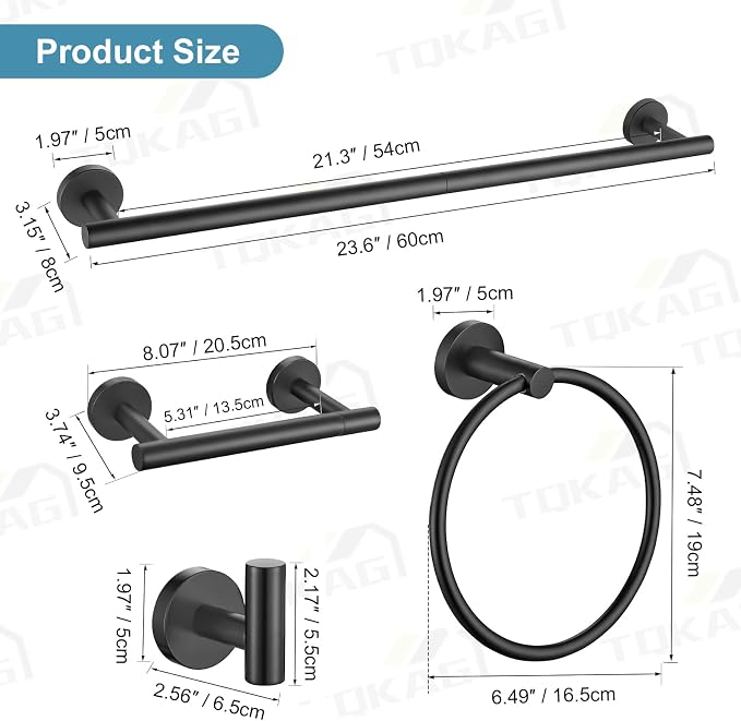TQKAG 8-Pieces Bathroom Hardware Set, Matte Black Bath Towel Bar Set 23.6" | Towel Racks for Bathroom Wall Mounted, SUS304 Stainless Steel, Towel Bar Set Include Paper Holders, Towel Rings, Towel Hooks