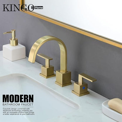 KINGO HOME Gold Bathroom Faucet, Brushed Gold Faucets Bathroom 3 Hole 8inch Widespread Waterfall 2 Handle Brass Faucets Bath Sink Vanity Faucet with Pop Up Drain and Supply Lines