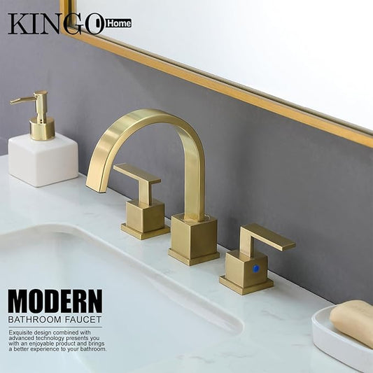 KINGO HOME Gold Bathroom Faucet, Brushed Gold Faucets Bathroom 3 Hole 8inch Widespread Waterfall 2 Handle Brass Faucets Bath Sink Vanity Faucet with Pop Up Drain and Supply Lines