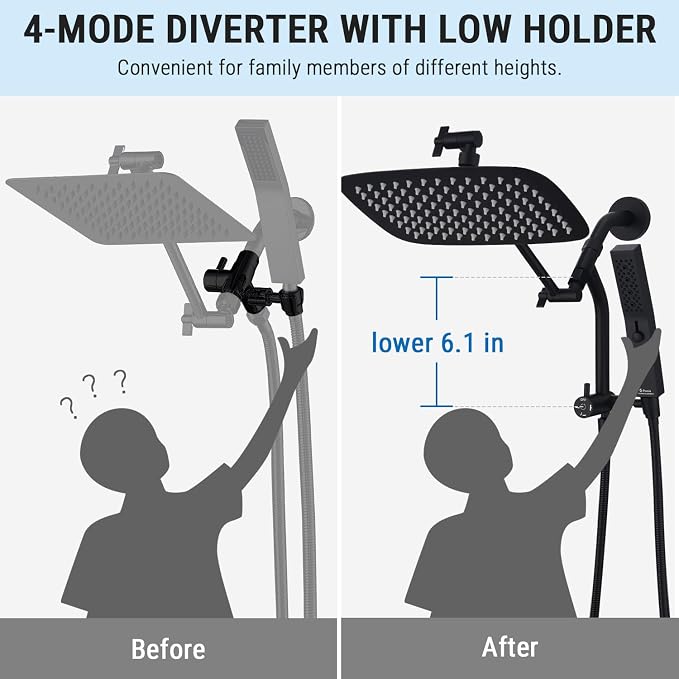 G-Promise 10 Inch All Metal Rain Shower Head with Handheld (Matte Black) | Suits Every Height, Pause Mode Diverter, Massage Mode Handheld, Full Body Coverage, Easy to Install, Modern Bath Upgrade