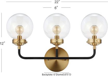 JONATHAN Y 22" Black/Brass Gold 3-Light LED Wall Sconce Vanity Lighting, Clear Glass Globe Shade Modern Contemporary Sconce for Bathroom Mirror, Hallway, UL Listed (JYL9011A)