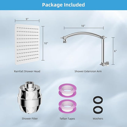 Hibbent 10'' Filtered Rain Shower Head with 16'' Extension Arm, Chrome | High Pressure Rainfall Showerhead, Brass Adjustable Shower Head Extension Arm, 20 Stage Shower Filter, Fixed Showerheads