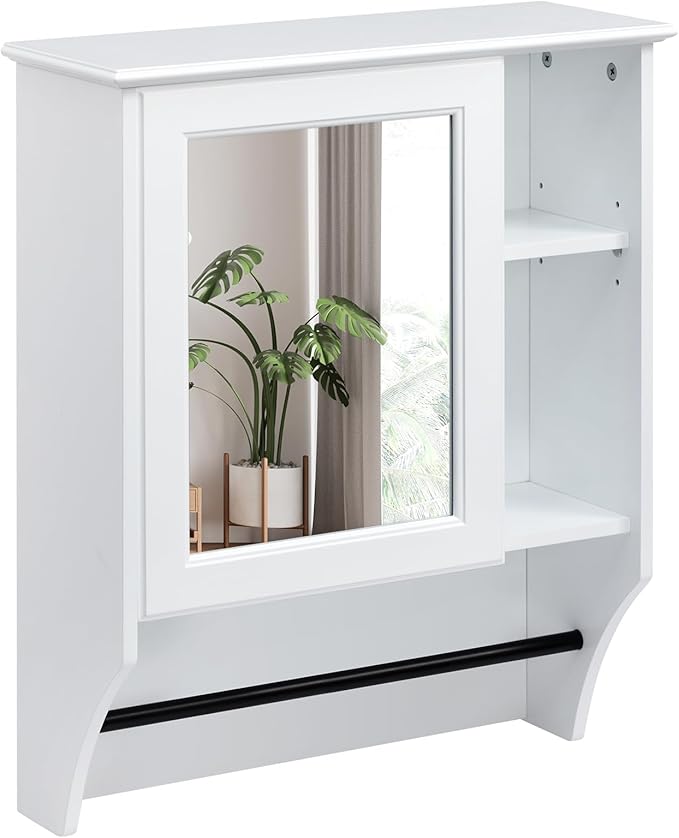 ALIMORDEN Medicine Cabinet, Bathroom Wall Cabinet with Towel Bar, Adjustable Shelves, Wall Mounted Bathroom Mirror, 19.68" D x 7.7" W x 24.2" H, White