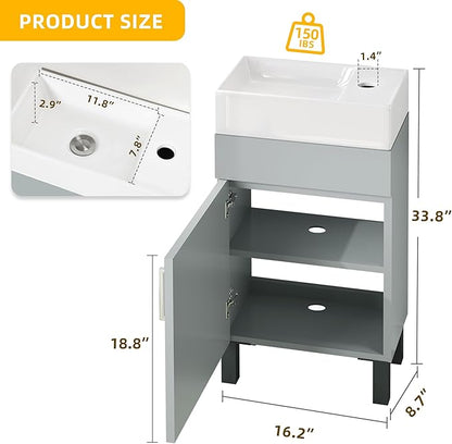 YITAHOME 16 Inch Bathroom Vanity with Sink, Bathroom Cabinet Vanity for Small Space, Freestanding Storage Bathroom Vanity with 1 Soft Closing Cabinet, Grey