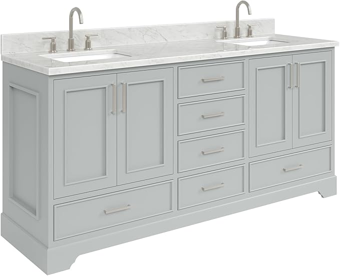 ARIEL Stafford 72-inch Bathroom Vanity with Sink,Solid Wood, 0.75-inch Italian Carrara Marble Countertop, Double Rectangular Porcelain Sink, 4 Soft Closing Doors, 6 Dovetail Drawers, Grey
