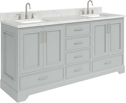 ARIEL Stafford 72-inch Bathroom Vanity with Sink,Solid Wood, 0.75-inch Italian Carrara Marble Countertop, Double Rectangular Porcelain Sink, 4 Soft Closing Doors, 6 Dovetail Drawers, Grey