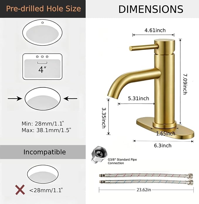 Brushed Gold Single Handle Bathroom Sink Faucet, 1/3 Hole Installation, Lead-Free Stainless Steel, Includes Pop-up Drain & Flexible Supply Lines, for Vanity, Modern Farmhouse and RV Sinks