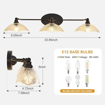 Vintage Vanity Light, 3-Light Black Vanity Light Bathroom Lights fixtures Over Mirror 33.85 Inch Modern Dimmable Bath Light Fixture for Bathroom Makeup, (Requires E12 Bulb, Not Included)
