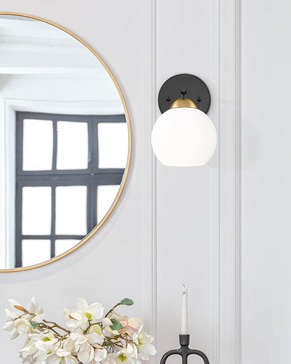 Emak Modern Sconces Wall Decor Set of 2, Black Gold Bathroom Vanity Light with Milk Glass Shade, Globe Wall Lamp for Living Room, Pictures, Bedroom, Bathroom, Hallway, WS114-BKBGD-ML-2PK