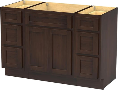 54 Inch Bathroom Vanity Base Only, Single Vanity Cabinet with 5 Dove-Tailed Drawers, Soft-Closing Doors, Brown, Without Top,Small