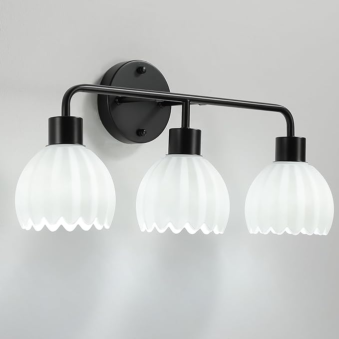 Black 3-Light Vanlity Light Over Mirror,Wall Sconces,Modern Bathroom Light Fixture with Milk White Glass Flower Shade,E26 Socket(Bulbs Not Included)