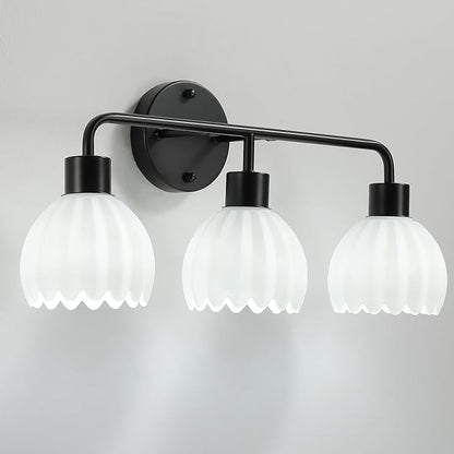 Black 3-Light Vanlity Light Over Mirror,Wall Sconces,Modern Bathroom Light Fixture with Milk White Glass Flower Shade,E26 Socket(Bulbs Not Included)