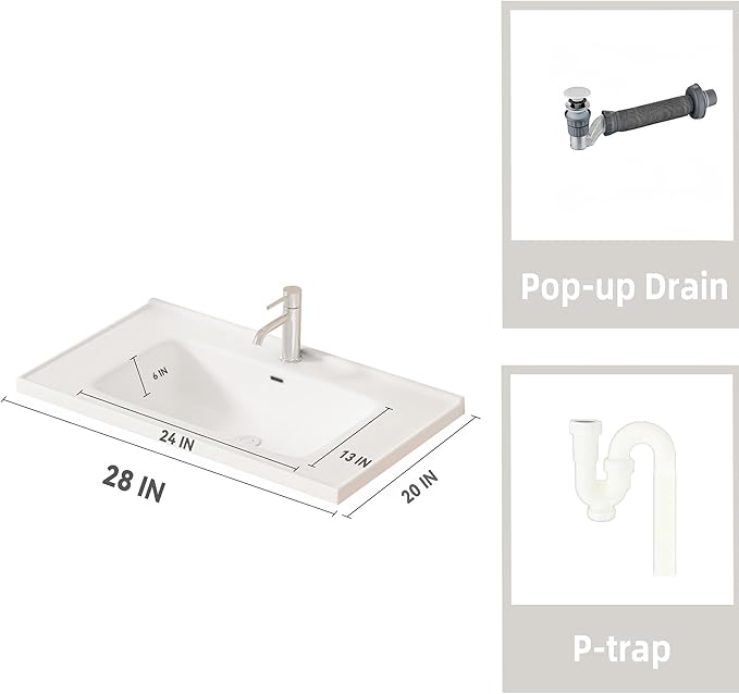 28'' Bathroom Vanity with Ceramic Sink Combo, Wall Mounted Small Bathroom Vanity with Soft-Close Door Modern Floating Cabinet, Pop-up Drain, P-Trap Included, Walnut(No Faucet)