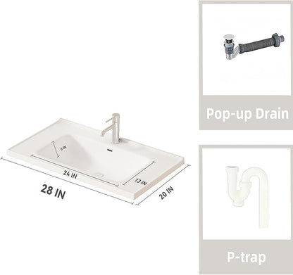 28'' Bathroom Vanity with Ceramic Sink Combo, Wall Mounted Small Bathroom Vanity with Soft-Close Door Modern Floating Cabinet, Pop-up Drain, P-Trap Included, Walnut(No Faucet)