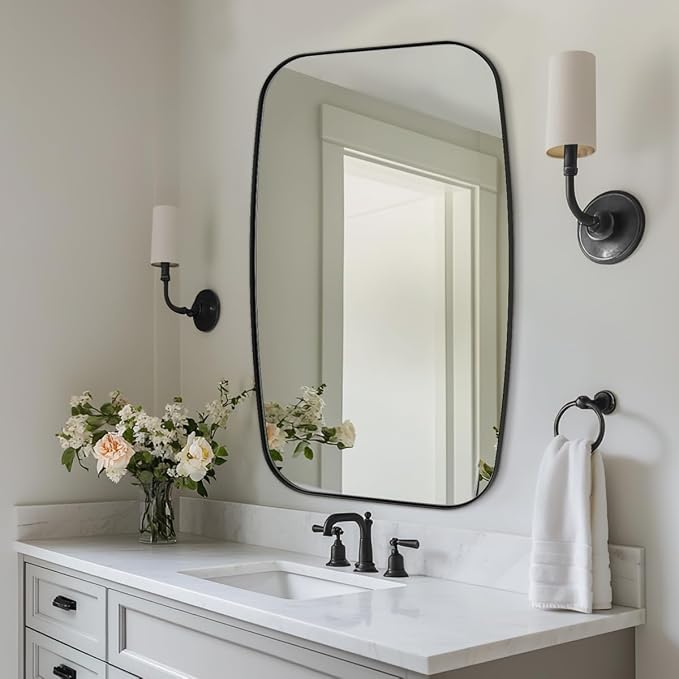 Black Oval Mirrors for Bathroom, Large 24x36’’ Matte Black Metal Framed Oblong Wall Mirror, Modern Black Vanity Mirror in Stainless Steel Frame Wall Mount Horizontal or Vertical