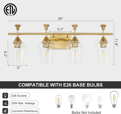 Bathroom Light Fixtures (4-Light, 29 Inch), Brushed Gold Vanity Lights for Bathroom with Clear Wine Glass Glass Shade, Modern Vanity Wall Lights for Mirror Bedroom Living Room Kitchen Hallway Porch