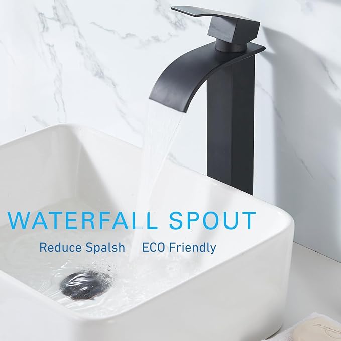 Vessel Sink Faucet, Tall Matte Black Waterfall Bathroom Faucet Single Handle One Hole Stainless Steel Mixer Tap Bowl Lavatory Vanity Faucet UF-FJT016B