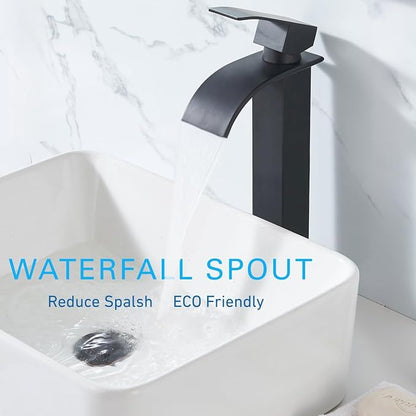 Vessel Sink Faucet, Tall Matte Black Waterfall Bathroom Faucet Single Handle One Hole Stainless Steel Mixer Tap Bowl Lavatory Vanity Faucet UF-FJT016B