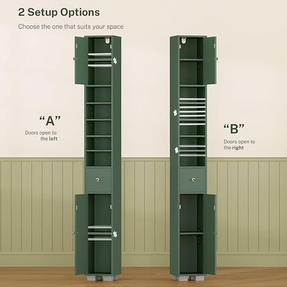 TEENFON Bathroom Cabinet, Narrow Bathroom Storage Cabinet with 5 Adjustable Shelves & Drawer, Freestanding Cupboard for Small Spaces, Green
