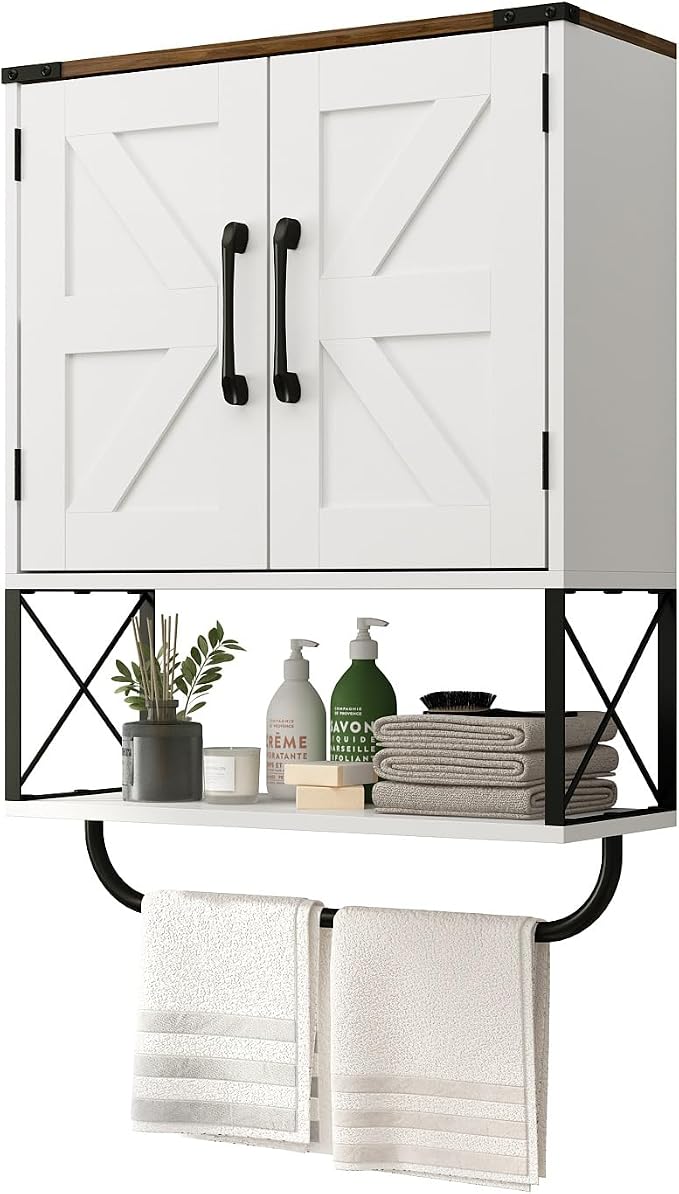 RUSTOWN Farmhouse Medicine Cabinet with 2 Barn Door & Towel Bar Rack | Boho Wood Wall Mounted Storage Cabinet with Adjustable Shelf, 3-Tier Above Toilet Cabinet for Bathroom, Laundry, Living Room