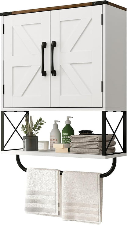 RUSTOWN Farmhouse Medicine Cabinet with 2 Barn Door & Towel Bar Rack | Boho Wood Wall Mounted Storage Cabinet with Adjustable Shelf, 3-Tier Above Toilet Cabinet for Bathroom, Laundry, Living Room