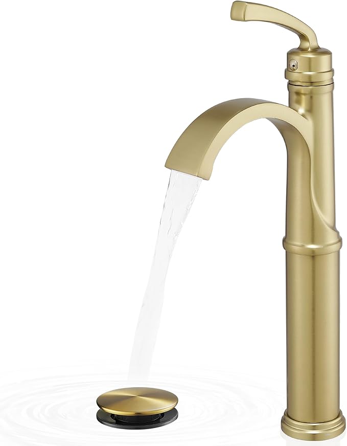 Tall Vessel Sink Faucet, Brass Waterfall Bathroom Sink Faucet Single Handle, Gold Bathroom Faucet 1 Hole, Tall Bathroom Faucets with Pop-Up Drain Water Supply Hoses