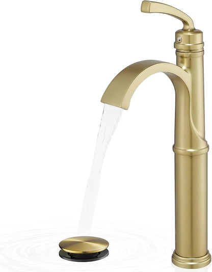 Tall Vessel Sink Faucet, Brass Waterfall Bathroom Sink Faucet Single Handle, Gold Bathroom Faucet 1 Hole, Tall Bathroom Faucets with Pop-Up Drain Water Supply Hoses