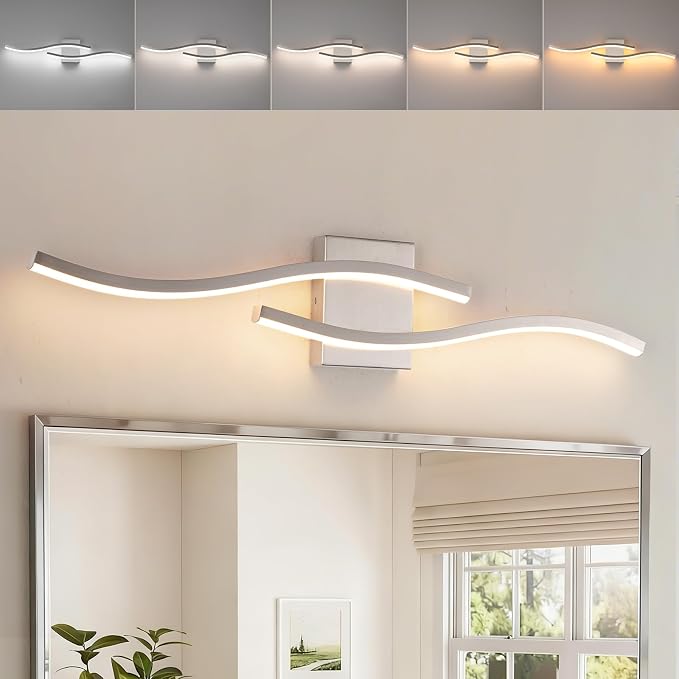 Brushed Nickel Curved 3000~6000K Bathroom Vanity Light Fixture Over Mirror, 31.5 inch Modern LED Wall Lamp 5CCT Dimmable Bathroom Light Fixture Modern Vanity Lighting