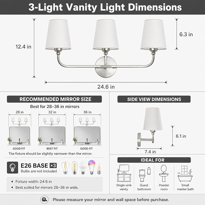 Bathroom Vanity Light Brushed Nickel Bathroom Lighting Fixtures Over Mirror | 3-Light Bathroom Light Fixtures with Flared White Fabric Shade, E26 Socket (ETL Listed)