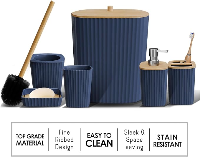 Clara Clark Bathroom Set - Navy Blue Bathroom Accessories Set, 6PC Bathroom Accessory Set, Bathroom Sets with Bathroom Rugs, Adhesive Corner Shower Caddy Hanging, Toilet Brush & Trash Can