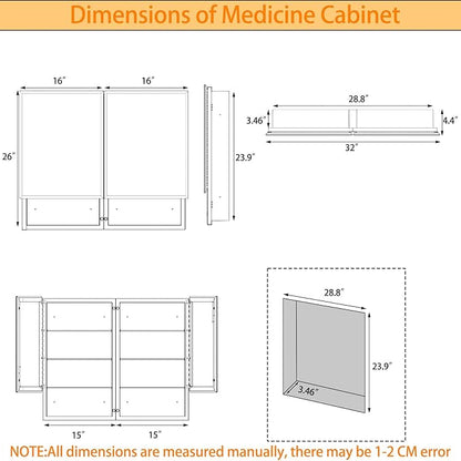 Medicine Cabinet with Mirror, 32x26 Inch Bathroom Mirrored Cabinet with Double Doors, Extra Storage Space, Bevel Mirror Wall Cabinet, Recessed or Surface Mount