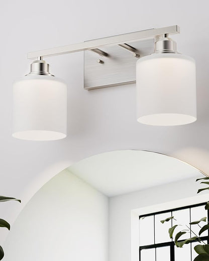 Sailstar Bathroom Light Fixtures 2-Light, Brushed Nickel Vanity Lights Fixtures, Modern Bathroom Vanity Light Over Mirror, Milky White Glass Shade & Anti-Rust Nickel Finished, Small Bathroom Light