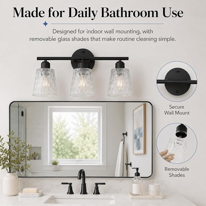 3-Light Black Bathroom Vanity Light Over Mirror, Modern Wall-Mounted Fixture with Textured Glass Shades and Stainless Steel Construction, E26 Sockets (Bulbs Not Included)