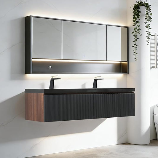 60'' Modern Floating Bathroom Vanity Sink Combo, Wall-Mounted Striped Cabinet, Soft-Close Drawers, Double Quartz Sand Basins, Smoked Walnut - Spacious & Stylish
