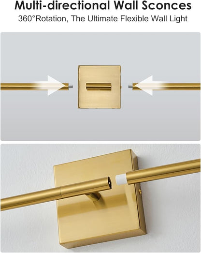 24.4 Inch Hardwired Wall Sconces Set of Two, 3000K Warm White Dimmable Modern Wall Sconces, 350° Rotate LED Light Fixtures Wall Lamp for Bathroom Living Room Bedroom Bedside, Brushed Brass