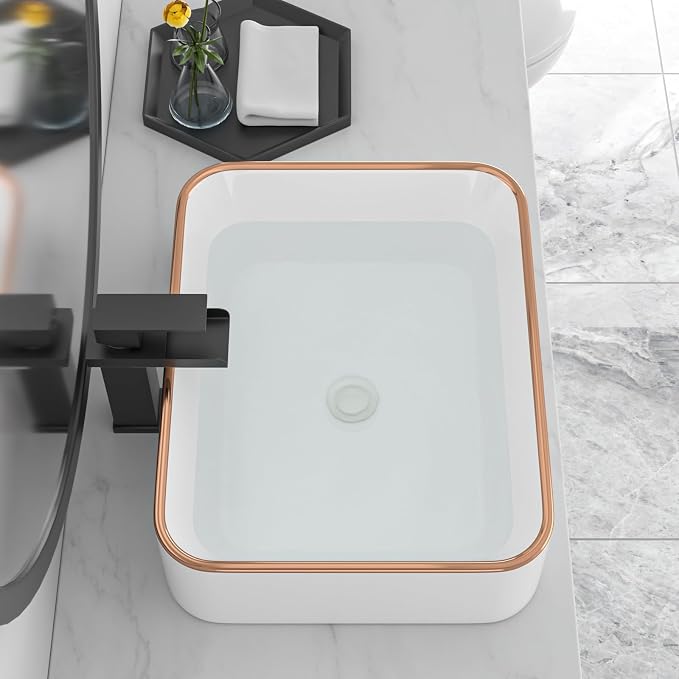 Bathroom Vessel Sink 19'' x 15'' White Rectangular Ceramic Sink with Gold Rim Above Counter Vanity Sink for Modern Bathroom