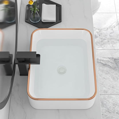 Bathroom Vessel Sink 19'' x 15'' White Rectangular Ceramic Sink with Gold Rim Above Counter Vanity Sink for Modern Bathroom