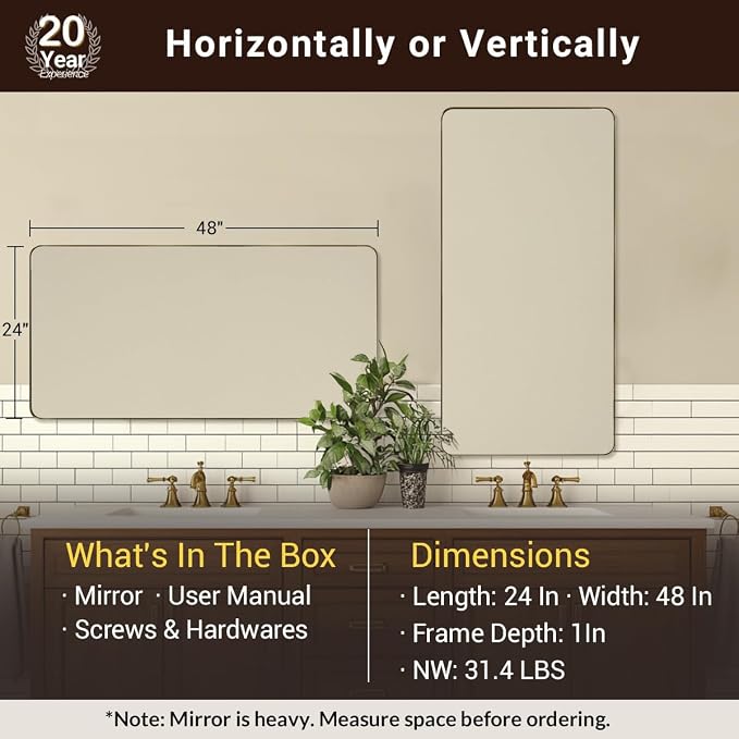 Gold Bathroom Mirrors for Over Sink, 24x48 InchBrushed Gold Wall Mirror, Square Metal Framed Vanity Mirror -Modern Clean Design with Superior Stainless Steel Frame