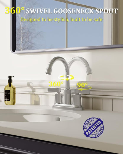 2 Pack Bathroom Faucets for Sink 3 Hole, Evolvegoods 4 Inch Brushed Nickel Bathroom Faucet with Pop Up Drain and 2 Supply Hoses, 2-Handle Centerset Faucet for Sink Vanity RV